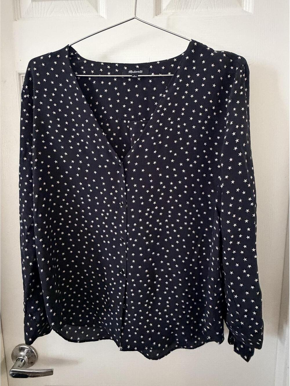 Madewell Black Star Print Long Sleeve Blouse with Tie Cuffs, Size Large